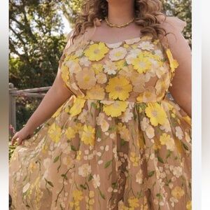 NWT JESSAKAE Blossom Dress Yellow XXL 2XL Mesh Tie Floral Fit Flare Cocktail